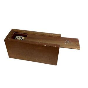Dominoes Set In Wood Box Slide Top Red Velvet Rustic Finish Gaming Collectible